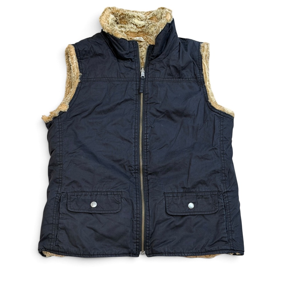 Vintage Gap Reversible Faux Fur Vest Navy Cotton Utility Puffer Medium